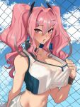  1girl azur_lane blue_sky blush bra bra_peek bra_visible_through_clothes breasts bremerton_(azur_lane) bremerton_(scorching-hot_training)_(azur_lane) chain-link_fence cleavage cloud cloudy_sky crop_top crop_top_overhang day eyebrows_visible_through_hair eyelashes fence hair_between_eyes hair_ornament hairclip headpiece kukumomo large_breasts long_hair looking_at_viewer multicolored_hair navel official_alternate_costume outdoors parted_lips pink_eyes pink_hair shirt shirt_tug sidelocks silver_hair skirt sky sleeveless solo sportswear stomach streaked_hair sweat sweatband sweatdrop tank_top tennis_uniform twintails two-tone_hair underwear upper_body wet wet_clothes wet_shirt white_bra white_skirt white_tank_top wristband 