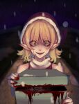  1girl bangs blonde_hair blood blood_on_hands christmas commentary eyebrows_visible_through_hair eyes_visible_through_hair gift green_eyes hair_between_eyes hat highres holding holding_gift kanoshuusen looking_at_viewer mizuhashi_parsee open_mouth pointy_ears santa_hat scarf short_hair smile solo touhou upper_body white_scarf 