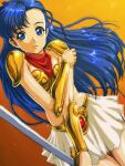  1girl armor asou_yuuko bangs bikini_armor blue_eyes blue_hair breasts closed_mouth commentary_request gem gold_armor gradient gradient_background holding holding_sword holding_weapon long_hair matsudo_aya midriff miniskirt mugen_senshi_valis orange_background red_scarf revision scarf skirt sword valis vambraces weapon white_skirt 