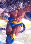  1boy abs animal_ears animal_print bara beard bida bulge chinese_zodiac dark-skinned_male dark_skin facial_hair feet_out_of_frame highres large_pectorals male_focus mask mature_male muscular muscular_male nipples original pectorals running solo stomach tail thick_thighs thighs tiger_boy tiger_ears tiger_print tiger_tail topless_male translation_request wrestling_outfit year_of_the_tiger 