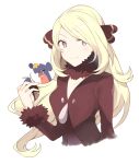  1girl absurdres blonde_hair brown_coat brown_collar brown_shirt closed_mouth coat collar collarbone commentary_request cynthia_(pokemon) fur-trimmed_coat fur_collar fur_trim garchomp grey_eyes hair_ornament hand_up highres holding holding_poke_ball long_hair long_sleeves looking_at_viewer poke_ball pokemon pokemon_(creature) pokemon_(game) pokemon_dppt rin_(yukameiko) shiny shiny_hair shirt smile ultra_ball upper_body 