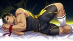  1boy bara bare_arms black_hair black_tank_top blind blonde_hair bound bound_wrists bulge dark-skinned_male dark_skin facial_hair feet_out_of_frame highres looking_at_viewer lying male_focus mature_male multicolored_hair muscular muscular_male ninja_(yzpyn) on_bed on_side original red_rope restrained rope scar scar_on_cheek scar_on_face short_hair sideburns sleeveless solo streaked_hair stubble tank_top thick_thighs thighs veins yzpyn 