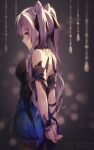  1girl arms_behind_back bangs blush bracelet breasts cosplay dress english_commentary eyebrows_visible_through_hair formal genshin_impact hair_ornament highres jewelry keqing_(genshin_impact) keqing_(genshin_impact)_(cosplay) long_hair looking_at_viewer looking_to_the_side purple_eyes purple_hair rimuu twintails 