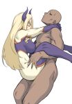 1boy 1girl blonde_hair bodysuit boku_no_hero_academia breasts clothed_female_nude_male clothed_sex dyun eye_mask faceless faceless_male from_side highres horns large_breasts long_hair mount_lady nude profile rolling_eyes simple_background suspended_congress sweatdrop white_background 