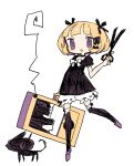  1girl :d @_@ animal arm_at_side bangs black_bow black_cat black_choker black_dress black_legwear blonde_hair bloomers blunt_bangs blush_stickers bob_cut bow cat choker collarbone dress dress_bow frilled_legwear frilled_sleeves frills full_body guillotine_girl_(yukihi) hair_bow hair_ornament hand_up hatching_(texture) holding holding_scissors holding_suitcase leg_up limited_palette linear_hatching looking_at_viewer no_nose original parted_lips puffy_short_sleeves puffy_sleeves purple_eyes purple_footwear ribbon_trim scissors short_dress short_hair short_sleeves simple_background smile solo standing suitcase tareme thighhighs underwear white_background white_bloomers white_bow yukihi 