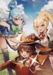  3girls aqua_(konosuba) black_gloves black_hair black_headwear blonde_hair blue_eyes blue_footwear blue_hair boots cape choker darkness_(konosuba) fingerless_gloves gloves hair_ornament hairclip hat kono_subarashii_sekai_ni_shukufuku_wo! long_hair looking_at_viewer megumin multiple_girls outdoors ponytail red_eyes satou_kazuma smile standing standing_on_one_leg thigh_boots thighhighs witch_hat xoaiu 