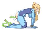  1girl all_fours blonde_hair blue_bodysuit blue_eyes blush bodysuit breasts dyun from_side full_body large_breasts long_hair metroid metroid_(classic) one_eye_closed ponytail samus_aran simple_background solo stomach_bulge tentacles torn_bodysuit torn_clothes torogao white_background zero_suit 