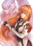  1girl breasts closed_mouth elhaym_van_houten gloves highres long_hair looking_at_viewer mecha medium_breasts orange_hair pantyhose purple_eyes re_(re_09) simple_background solo uniform very_long_hair white_background xenogears 