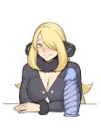  1girl black_dress blonde_hair blush breasts cleavage closed_mouth cynthia_(pokemon) dildo dress dyun embarrassed fur-trimmed_sleeves fur_trim grey_eyes hair_over_one_eye highres huge_dildo large_breasts long_hair long_sleeves looking_at_viewer one_eye_covered pokemon pokemon_(game) pokemon_dppt sex_toy simple_background smile solo upper_body white_background 