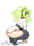  1girl arm_support ass black_legwear black_sash blush boku_no_hero_academia breasts burnin_(boku_no_hero_academia) dyun egg_laying eye_mask from_side full_body green_hair grey_jacket grin hairband highres jacket large_breasts looking_at_viewer looking_to_the_side no_shoes sash simple_background smile solo squatting thighhighs tiptoes white_background yellow_eyes 