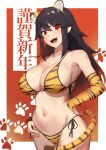  1girl absurdres animal_ears animal_print bikini black_hair blush breasts bridal_gauntlets chinese_zodiac cleavage commentary cowboy_shot eyebrows_visible_through_hair eyes_visible_through_hair fang gloves hair_between_eyes hair_flaps hand_on_hip highres large_breasts long_hair looking_at_viewer mazenda_(3378) navel new_year open_mouth original paw_print paw_print_pattern print_bikini print_gloves red_background red_eyes side-tie_bikini sidelocks simple_background solo stomach string_bikini swimsuit tail teeth tiger_ears tiger_print tiger_tail upper_teeth v-shaped_eyebrows year_of_the_tiger 