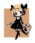 1girl :| arms_at_sides bangs black_bow black_dress black_legwear black_ribbon blonde_hair blunt_bangs blush_stickers bob_cut border bow brown_background closed_mouth dress expressionless frilled_legwear frills full_body guillotine_girl_(yukihi) hair_bow hair_ornament head_tilt holding holding_scissors holding_suitcase leg_up limited_palette long_sleeves looking_at_viewer looking_to_the_side neck_ribbon no_nose no_pupils original outside_border pleated_dress purple_eyes purple_footwear ribbon ribbon-trimmed_legwear ribbon_trim rounded_corners scissors short_dress short_hair simple_background sleeve_cuffs solo suitcase tan_background thighhighs walking white_border yukihi 