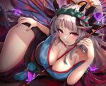  1girl alternate_costume armpit_crease arrow_(projectile) between_breasts blush breasts bug butterfly butterfly_wings cleavage collarbone come_hither commentary_request crown_of_thorns eyebrows_visible_through_hair facial_mark fire_emblem fire_emblem_heroes forehead_mark gonzarez grey_hair highres japanese_clothes kimono large_breasts long_hair looking_at_viewer lying nail_polish new_year obi official_alternate_costume on_side plumeria_(fire_emblem) pointy_ears ponytail red_eyes sash shadow sidelocks skindentation solo tareme tassel thighs very_long_hair wings 