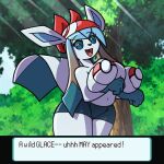  ! after_transformation alternate_species animated anthro bandanna big_breasts blue_body blue_eyes bottomwear bouncing_breasts breasts clothed clothing eeveelution english_text female glaceon hair holding_breast kerchief looking_at_viewer loop may_(pok&eacute;mon) multicolored_hair navel nintendo open_mouth pasties plant pok&eacute;mon pok&eacute;mon_(species) sachasketchy short_playtime shorts smile solo text text_box topless tree two_tone_hair video_games 