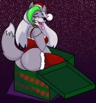  2021 animatronic anthro bedroom_eyes big_butt big_tail breasts butt canid canine canis christmas christmas_clothing christmas_headwear clothing collar curvy_figure digital_media_(artwork) eyelashes eyeshadow female five_nights_at_freddy&#039;s five_nights_at_freddy&#039;s:_security_breach fur gift green_hair green_highlights grey_body grey_fur grey_hair hair hat headgear headwear hi_res highlights_(coloring) holidays leotard long_hair looking_at_viewer looking_back machine makeup mammal multicolored_body multicolored_fur multicolored_hair narrowed_eyes robot roxanne_wolf_(fnaf) santa_hat scottgames seductive simple_background sitting smile snow snowing solo someth1ngoranother spiked_collar spikes teeth thick_thighs tongue tongue_out two_tone_body two_tone_fur two_tone_hair video_games voluptuous wide_hips wolf yellow_eyes 