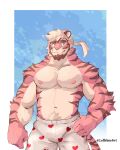  anthro beard boxers_(clothing) clothing coffeline facial_hair felid fur hi_res male mammal muscular nipples pantherine pecs pink_body pink_fur pubes smile solo tiger underwear 