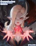  1girl bangs blonde_hair breasts commission coven_morgana english_text fur_trim gradient gradient_background hair_over_one_eye large_breasts league_of_legends long_hair looking_at_viewer medium_breasts morgana_(league_of_legends) orca parted_lips pointy_ears red_eyes red_lips smile solo standing teeth translation_request upper_body zhoumo_fangjia 