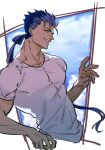  1boy blue_hair casual cu_chulainn_(fate) cu_chulainn_(fate/stay_night) edwintarm fate/hollow_ataraxia fate/stay_night fate_(series) grin hair_ribbon highres male_focus ponytail red_eyes ribbon shirt sky smile solo t-shirt tight tight_shirt upper_body 