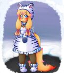  2022 alyrise anthro belt blonde_hair blood blood_on_tail blue_eyes blush bodily_fluids border canid canine canis chinese_zodiac clothed clothing costume domestic_dog dress female footwear fur fur_trim_(clothing) gloves grey_eyes hair handwear heterochromia hi_res highlights_(coloring) hood legwear looking_at_viewer mammal medallion multicolored_hair nas_(alyrise) outside pantyhose paw_gloves paw_shoes pink_hair shoes smile snow solo tiger_costume two_tone_hair year_of_the_tiger yellow_body yellow_fur young 