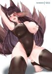  1girl akagi_(azur_lane) animal_ears arm_up armpits azur_lane bangs blush breasts brown_hair brown_legwear brown_swimsuit cameltoe censored commentary covered_navel covered_nipples covering covering_one_breast cum disembodied_penis english_commentary eyebrows_visible_through_hair eyeliner facial fangs fox_ears fox_tail groin hand_up headset heart heart-shaped_pupils hetero highleg highleg_swimsuit highres large_breasts long_hair looking_at_penis makeup mosaic_censoring multiple_tails open_clothes open_mouth patreon_username penis penis_awe penis_on_face penis_over_one_eye pussy_juice pussy_juice_drip_through_clothes pussy_juice_stain red_eyes self_fondle simple_background sleeveless smile solo_focus squatting swimsuit symbol-shaped_pupils tail thighhighs thighs tnolize toeless_legwear trembling white_background 