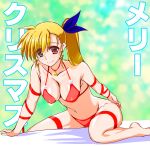  1girl adjusting_clothes adjusting_swimsuit arm_ribbon arm_support asymmetrical_bangs background_text bangs barefoot bed_sheet bell bikini blonde_hair blue_ribbon breasts christmas cleavage closed_mouth commentary_request engo_(aquawatery) eyebrows_visible_through_hair green_eyes hair_ribbon halterneck heterochromia leaning_forward long_hair looking_at_viewer lyrical_nanoha mahou_shoujo_lyrical_nanoha_vivid medium_breasts merry_christmas navel neck_bell on_bed partial_commentary red_bikini red_eyes red_ribbon ribbon side_ponytail sitting smile solo swimsuit thigh_strap translated vivio wariza 