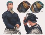  1boy aqua_hair bara baseball_helmet baseball_mitt baseball_uniform belt black_shirt cafemoka-septro eyeshadow gloves helmet large_pectorals looking_at_viewer makeup male_focus mouth_hold muscular muscular_male pants pectorals red_eyes scar scar_on_cheek scar_on_face shirt short_hair single_glove smile solo sportswear teeth touken_ranbu white_gloves white_pants yamabushi_kunihiro 