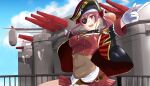  absurdres aircraft airship arrow_through_heart belly breasts cannon chadgarciaburg eyepatch highres hololive houshou_marine midriff_peek navel open_mouth pirate red_hair solo virtual_youtuber 