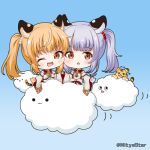  2girls :3 :o ;d animal animal_ears animal_hands bai_(granblue_fantasy) bangs blonde_hair blue_background brown_eyes brown_gloves cidala_(granblue_fantasy) cloud commentary_request detached_sleeves dress eyebrows_visible_through_hair flying_sweatdrops gloves gradient gradient_background granblue_fantasy grey_hair huang_(granblue_fantasy) laolao_(granblue_fantasy) long_hair long_sleeves mitya multiple_girls one_eye_closed parted_lips paw_gloves red_dress smile solid_circle_eyes tiger tiger_ears twintails twitter_username white_gloves white_sleeves wide_sleeves 
