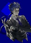  1boy adjusting_clothes adjusting_gloves alternate_costume black_gloves blue_hair blue_necktie blue_theme cu_chulainn_(fate) cu_chulainn_(fate/stay_night) edwintarm fate/grand_order fate/stay_night fate_(series) formal gloves highres necktie ponytail red_eyes solo suit upper_body 