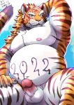  2022 anthro balls belly blush censored chinese_zodiac erection felid genitals hi_res holidays japanese_text kemono male mammal moobs new_year new_year_2022 nipples overweight overweight_male pantherine penis sitting solo text tiger toraya_inugami year_of_the_tiger 