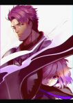  1boy 1girl absurdres armor bangs chromatic_aberration edwintarm fate/grand_order fate_(series) hair_over_one_eye highres lancelot_(fate/grand_order) light_purple_hair mash_kyrielight ortenaus purple_eyes purple_hair shield short_hair smoke swept_bangs wavy_hair 