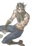  1boy battle_tendency belt blue_eyes boots brown_hair crop_top edwintarm fingerless_gloves gloves hand_on_own_chin head_rest highres jojo_no_kimyou_na_bouken joseph_joestar joseph_joestar_(young) male_focus midriff muscular muscular_male muted_color sitting sleeveless sleeveless_turtleneck solo turtleneck white_background 