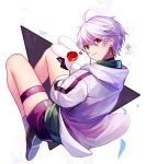  1boy bunny ear_piercing earrings flower grey_hair jewelry looking_at_viewer looking_back male_focus nixtutyannh original pale_skin piercing red_eyes rose short_shorts shorts stuffed_toy white_hair 