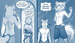  2022 7:4 abs anthro blue_and_white blue_background brutus_(twokinds) canid canine canis chest_tuft clothed clothing clovis_(twokinds) comic conditional_dnp dialogue duo english_text fox gloves_(marking) hand_behind_back hands_behind_back hi_res hybrid inside keidran larger_male lightning male mammal markings monochrome muscular muscular_male navel open_mouth open_smile pinky_and_the_brain pose rear_view simple_background size_difference sketch smaller_male smile text tom_fischbach topless topless_male tuft twokinds warner_brothers webcomic window wolf 
