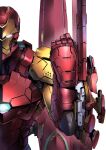  1boy absurdres arm_cannon avengers_(series) comic_cover cover cover_page highres iron_man looking_at_viewer marvel power_armor science_fiction shimoguchi_tomohiro solo upper_body weapon white_background white_eyes 