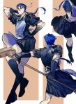  alternate_costume apron blowing_kiss blue_hair broom crossdressing cu_chulainn_(fate) cu_chulainn_(fate/stay_night) dancing edwintarm elbow_gloves enmaided fate/grand_order fate_(series) gloves highres long_hair maid maid_apron male_focus multiple_views ponytail puffy_sleeves red_eyes short_sleeves shorts shorts_under_skirt 