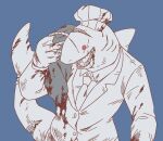  anthro body_bag carrying chef_hat claws clothing dorsal_fin female fin fish gills greta_(lor) hat headgear headwear library_of_ruina marine membrane_(anatomy) multi_mouth red_eyes rope scar shark smile solo suit tail_fin webbed_hands 