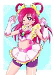  1girl arms_up bike_shorts butterfly_brooch butterfly_earrings butterfly_hair_ornament cure_dream earrings fuchi gloves hair_ornament hair_rings jewelry long_hair magical_girl midriff navel one_eye_closed open_mouth pink_eyes pink_hair precure shorts skirt smile solo yes!_precure_5 