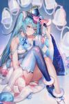  1girl aqua_hair asymmetrical_footwear asymmetrical_gloves bangs bare_shoulders bell blue_eyes blue_flower blue_gloves blue_legwear blurry blush breasts depth_of_field detached_sleeves dress feet_out_of_frame flower fur-trimmed_footwear fur-trimmed_gloves fur_trim gloves hair_ornament hand_up hatsune_miku highres holding holding_bell knees_up looking_at_viewer magical_mirai_(vocaloid) mismatched_footwear mismatched_gloves oohhya panties pantyshot pinky_out red_gloves shawl single_thighhigh sitting smile sparkle starry_sky_print thighhighs twintails two-tone_bow underwear vocaloid white_footwear white_panties 