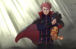  1boy belt cape charmander commentary_request cowboy_shot floating_cape hand_up highres holding holding_pokemon imasara_maki jacket lance_(pokemon) light_rays long_sleeves looking_at_viewer male_focus pants pokemon pokemon_(creature) pokemon_(game) pokemon_hgss red_hair scrape short_hair spiked_hair 