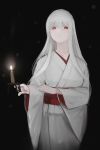  1girl bangs black_background candle closed_mouth collarbone expressionless eyebrows_visible_through_hair feet_out_of_frame highres holding holding_candle japanese_clothes kimono long_hair looking_at_viewer original rampart1028 red_eyes solo standing white_hair white_kimono 