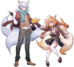  1boy 1girl absurdres ahoge alternate_costume animal_ears bangs black_pants black_skirt blue_eyes book box_galaxy concept_art eight-tailed_fox_nari eyebrows_visible_through_hair fingerless_gloves fox_boy fox_ears fox_girl fox_tail gloves grey_hair guardian_tales hand_up highres holding holding_book looking_at_viewer multiple_tails nine_tailed_fox_garam open_mouth orange_hair pants ponytail school_uniform skirt smile tail white_background white_legwear yellow_eyes 