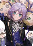  1boy androgynous blue_eyes blush bow epel_felmier highres looking_at_viewer omanjuu_mascot pale_skin purple_hair ribbon roku rook_hunt smile stuffed_toy twisted_wonderland vil_schoenheit 