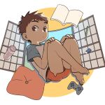  1boy a-roku_(eeroku) bare_legs barefoot brown_eyes brown_hair child commentary_request controller eyebrows_visible_through_hair game_controller looking_at_viewer original pencil pillow short_hair shorts 