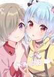  2girls animal_ears aqua_hair bangs blue_hair brown_hair cat_ears double_bun eyebrows_visible_through_hair hair_over_one_eye highres hyodou_shizuku idoly_pride lia_(pandaen) looking_at_viewer multiple_girls open_mouth purple_eyes red_eyes shiraishi_chisa short_hair twintails 