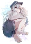  1girl absurdres alternate_costume black_headwear black_shorts blue_eyes commentary_request fetal_position full_body hibiki_(kancolle) highres hood hooded_sweater hoodie kantai_collection long_hair looking_at_viewer lying on_side shorts silver_hair solo sweater taisho_(gumiyuki) white_background 
