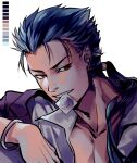  1boy blue_hair color_guide condom condom_in_mouth cu_chulainn_(fate) cu_chulainn_(fate/stay_night) earrings edwintarm fate/stay_night fate_(series) highres jewelry long_hair male_focus mouth_hold open_clothes open_shirt pectoral_cleavage pectorals ponytail red_eyes solo 