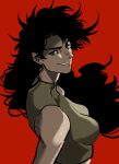  1girl bare_shoulders battle_tendency black_hair curly_hair edwintarm genderswap genderswap_(mtf) green_eyes highres jojo_no_kimyou_na_bouken joseph_joestar joseph_joestar_(young) looking_at_viewer looking_to_the_side messy_hair red_background sleeveless sleeveless_turtleneck solo turtleneck wavy_hair 