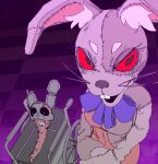  2022 anthro bow_tie buckteeth burntrap_(fnaf) checkered_background clothed clothing duo eyelashes female five_nights_at_freddy&#039;s five_nights_at_freddy&#039;s:_security_breach frosstyart high-angle_view humor inside lagomorph leporid male mammal meme nickelodeon open_mouth open_smile pattern_background purple_background rabbit red_eyes scottgames simple_background smile spongebob_squarepants standing teeth vanny_(fnaf) video_games wheelchair whiskers 
