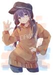  1girl absurdres akatsuki_(kancolle) bad_anatomy bad_hands black_headwear blue_pants blush brown_hoodie closed_mouth clothes_writing cowboy_shot cropped_legs flat_cap hair_between_eyes hat highres hood hoodie kantai_collection long_hair long_sleeves pants purple_eyes purple_hair smile solo taisho_(gumiyuki) 